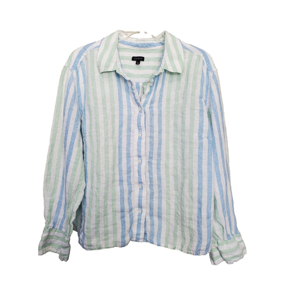 Talbots Linen Blue & Green Striped Roll-Tab Sleeve Button-Up Shirt Size Large